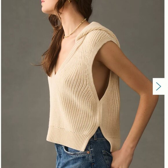 Pilcro V-Neck Hooded Sweater Vest Knit Cream sz XXS - Picture 2 of 15